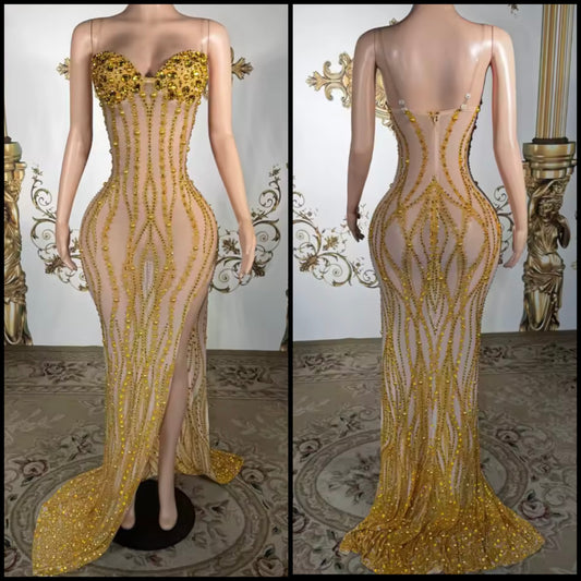 Sexy Sleeveless See Through Gold Rhinestone Side Split Maxi Dress