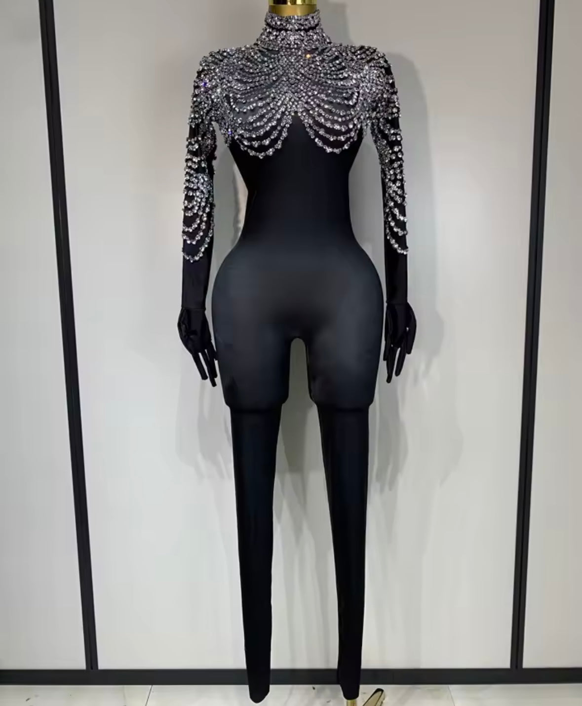 Black Rhinestone Embellishment Full Sleeve Jumpsuit