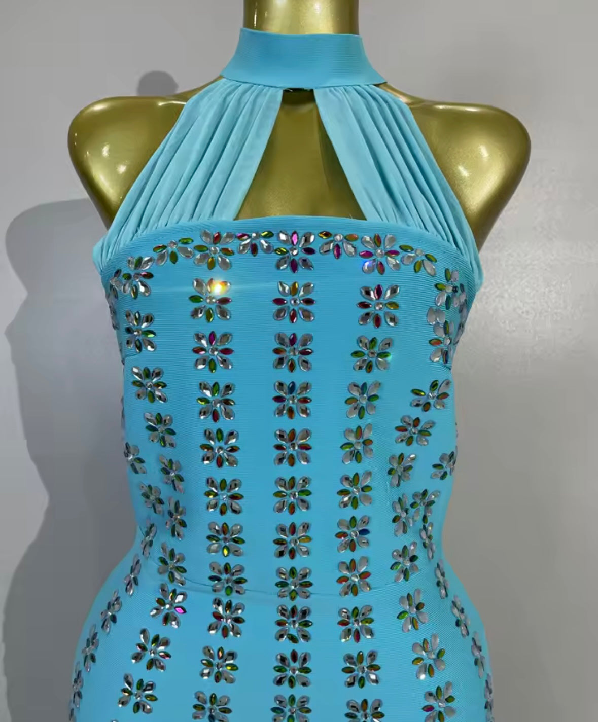 Blue Halter Scarf Sleeves Floral Rhinestone Embellishment Maxi Dress