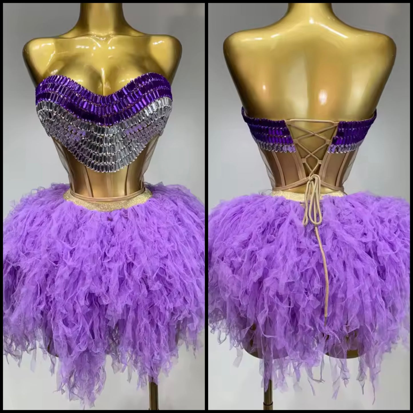 Sexy Purple Rhinestone Mesh Sleeveless Two Piece Ruffled Skirt Set