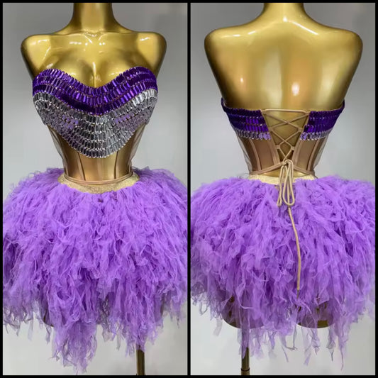 Sexy Purple Rhinestone Mesh Sleeveless Two Piece Ruffled Skirt Set