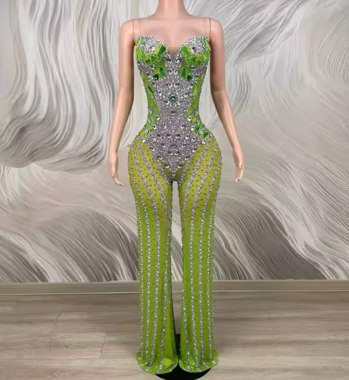 Green Sexy Sleeveless Rhinestone See Through Jumpsuit