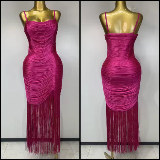 Pink Sleeveless Fringe Sexy Maxi Dress