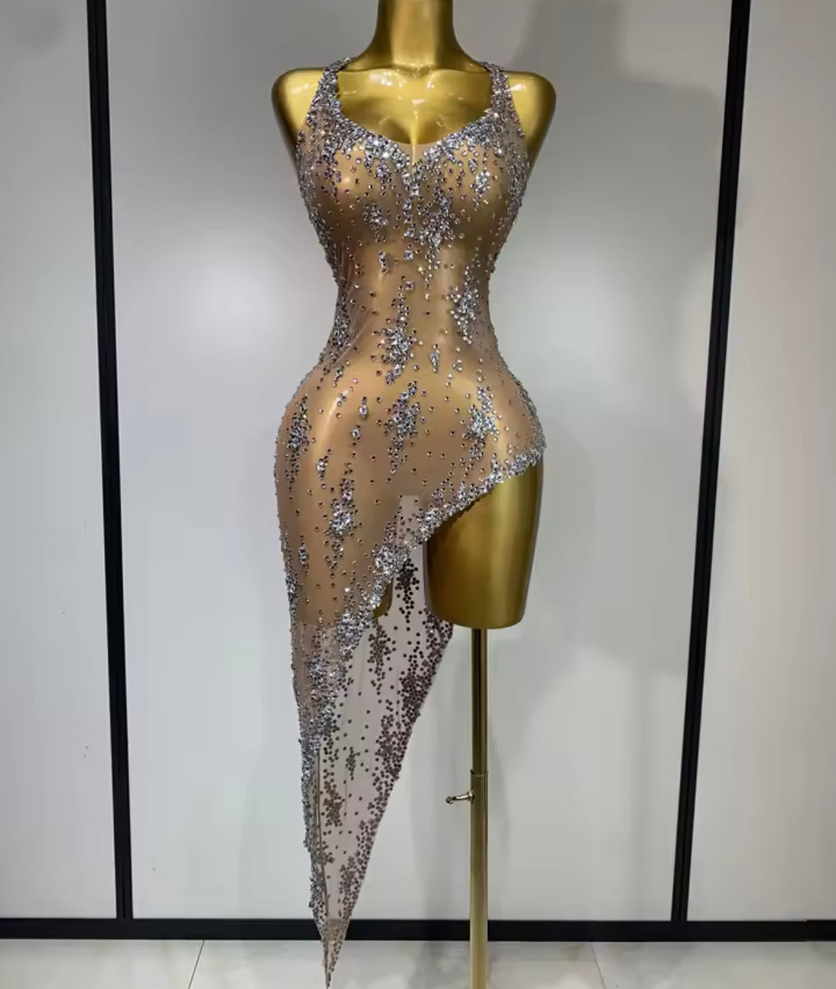 Sexy Sleeveless See Through Rhinestone Asymmetrical Dress