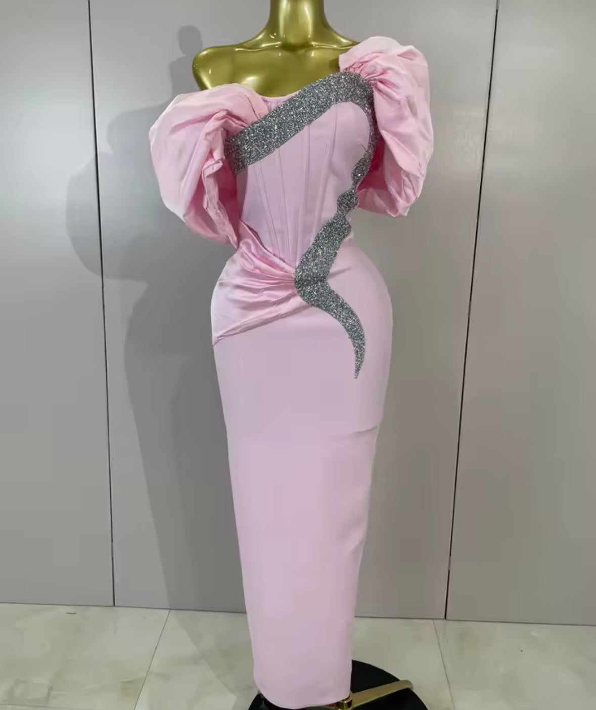 Elegant Puff Sleeve Shiny Rhinestone Maxi Dress