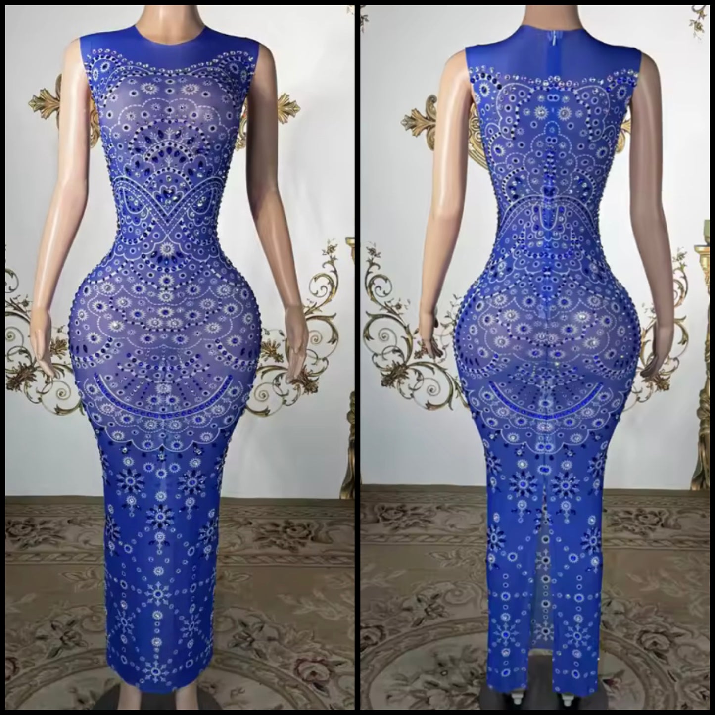 Sexy Blue Sleeveless Printed Rhinestone Maxi Dress