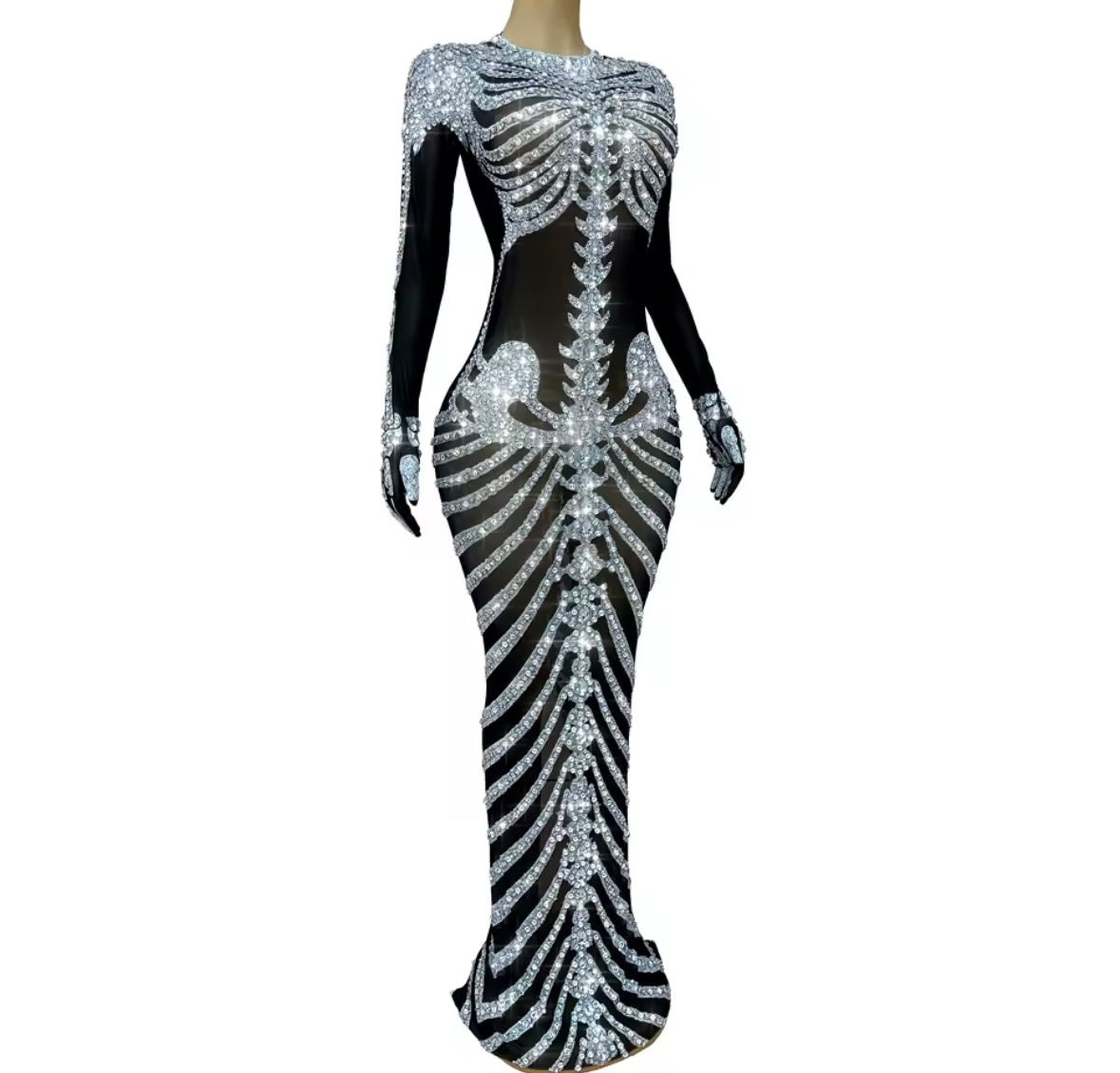 Sexy Rhinestone Embellishment Glove Full Sleeve Maxi Dress