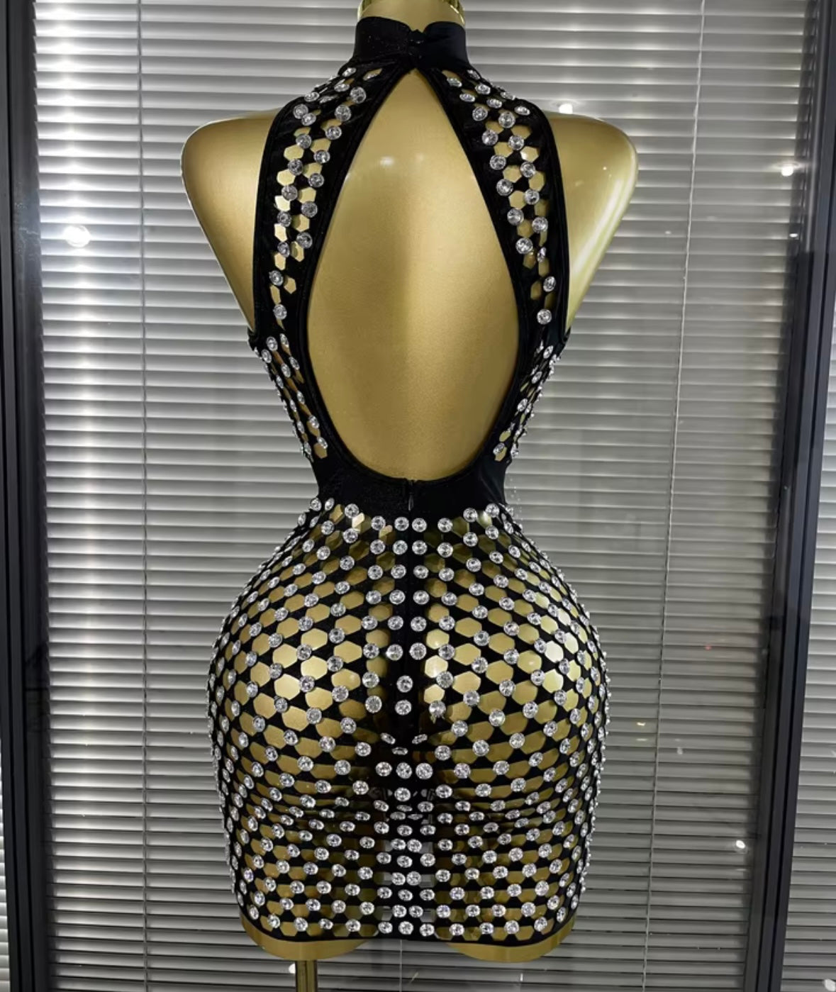 Sexy Sleeveless Rhinestone Open Back See Through Dress