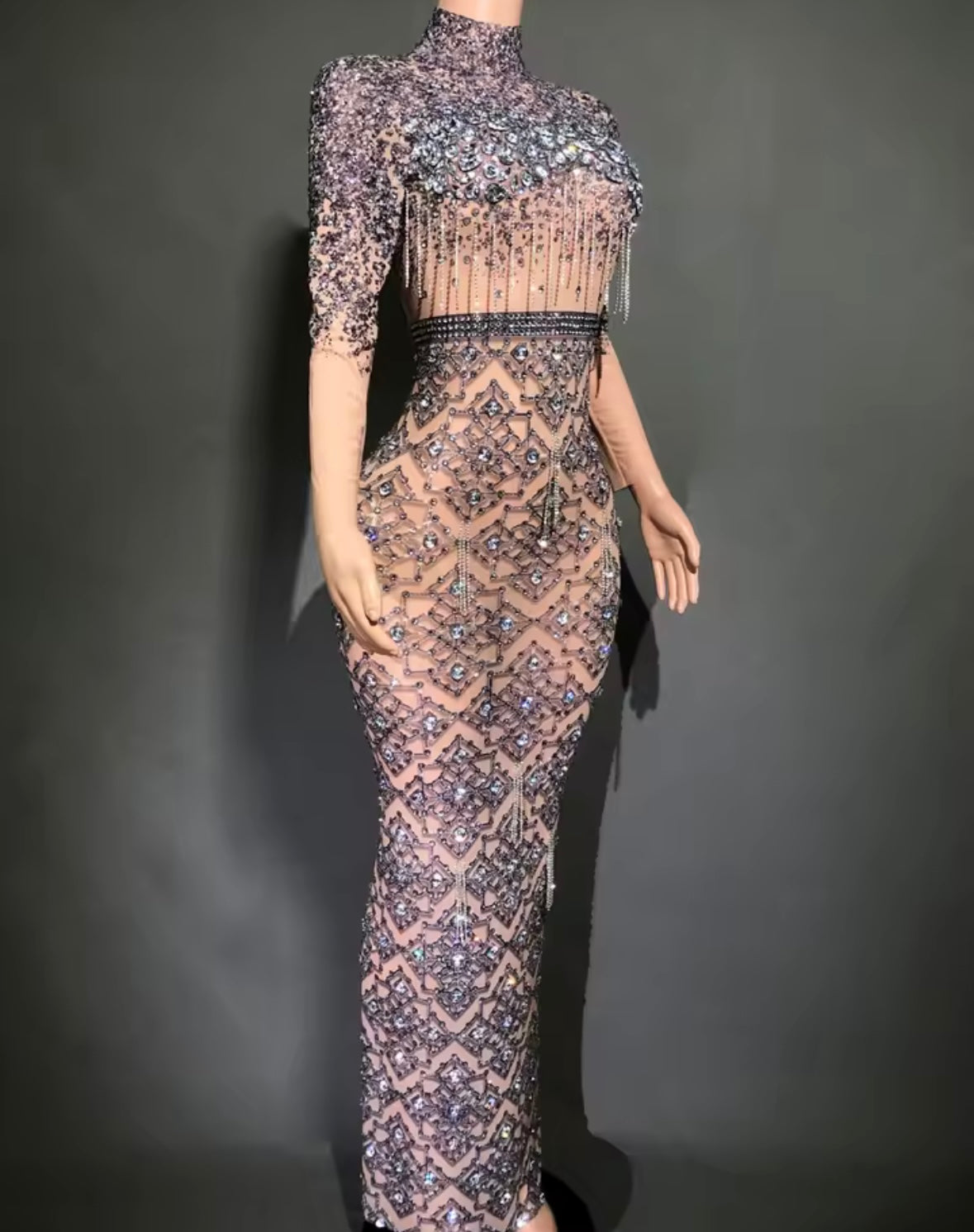 Sexy Rhinestone Tassel Full Sleeve Maxi Dress