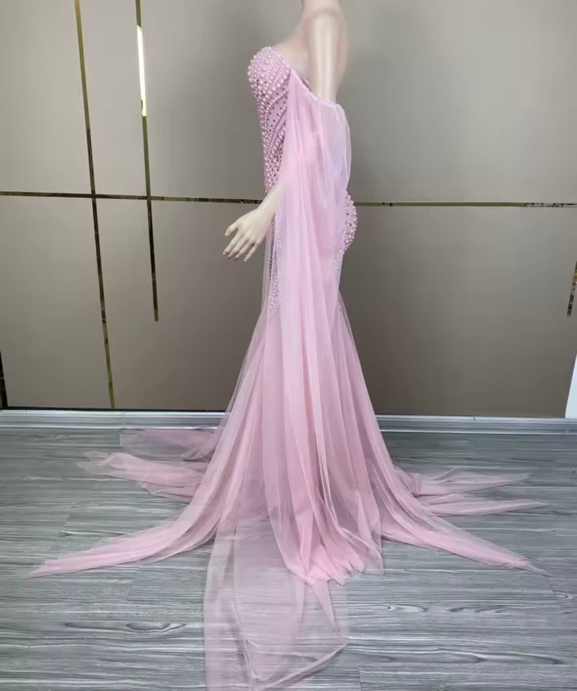 Sexy Strapless Beaded See Through Floor-Length Dress