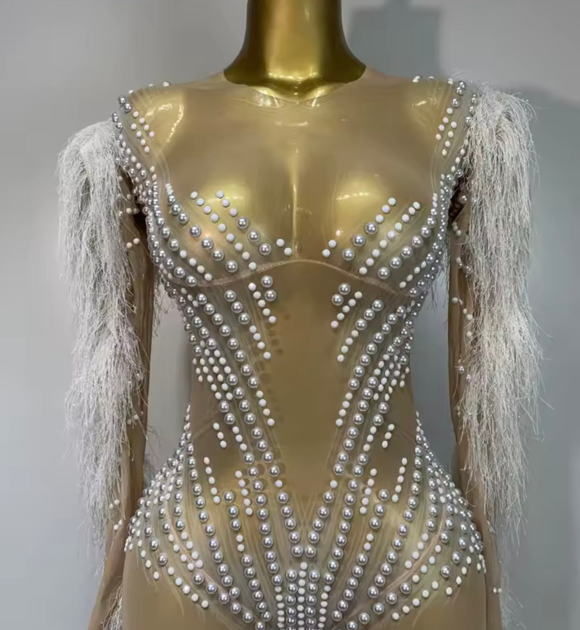 Sexy Pearl Feather Full Sleeve See Through Jumpsuit