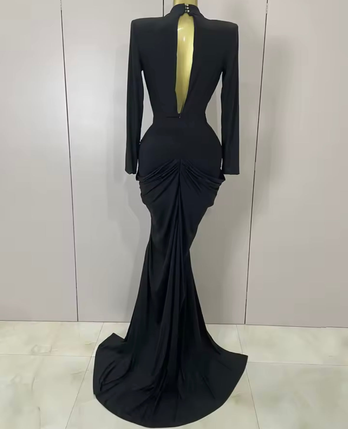 Sexy Black Deep V-Neck Full Sleeve Beaded Maxi Dress