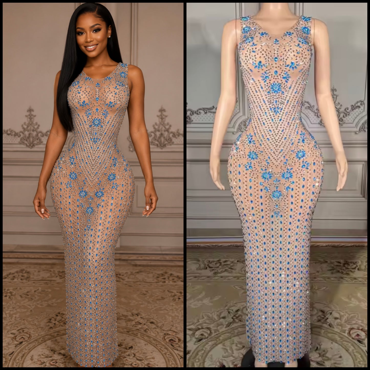 Sexy Sleeveless Blue Rhinestone Embellishment Maxi Dress