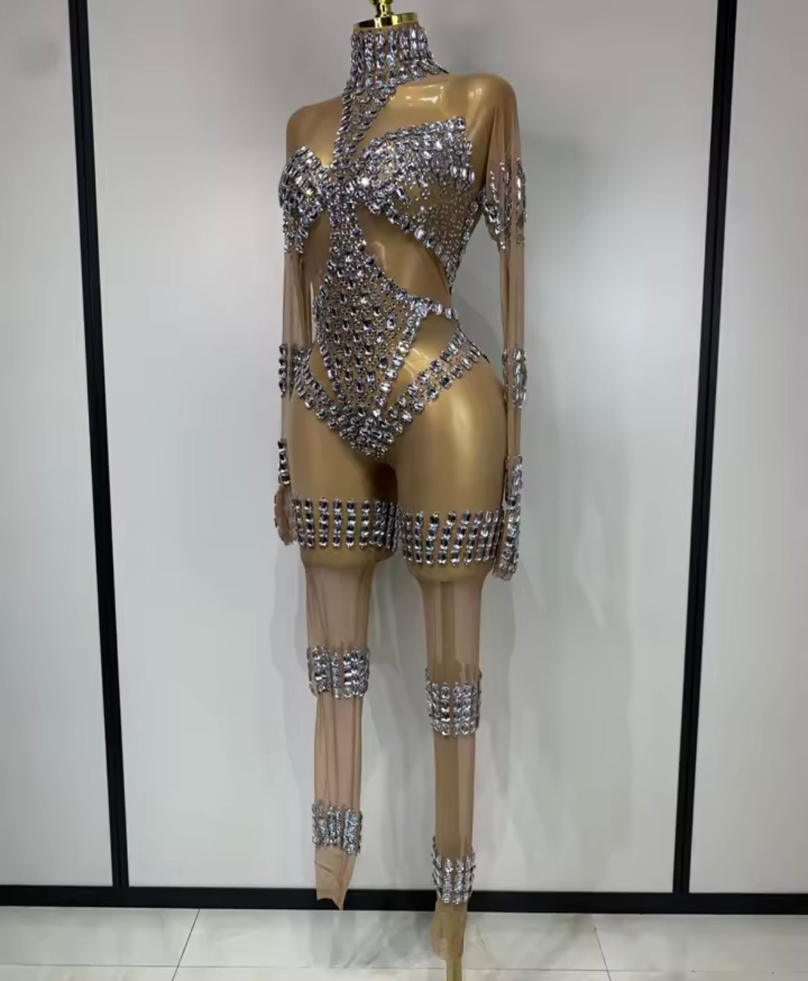 Nude Rhinestone Embellishment Full Sleeve Sexy Jumpsuit