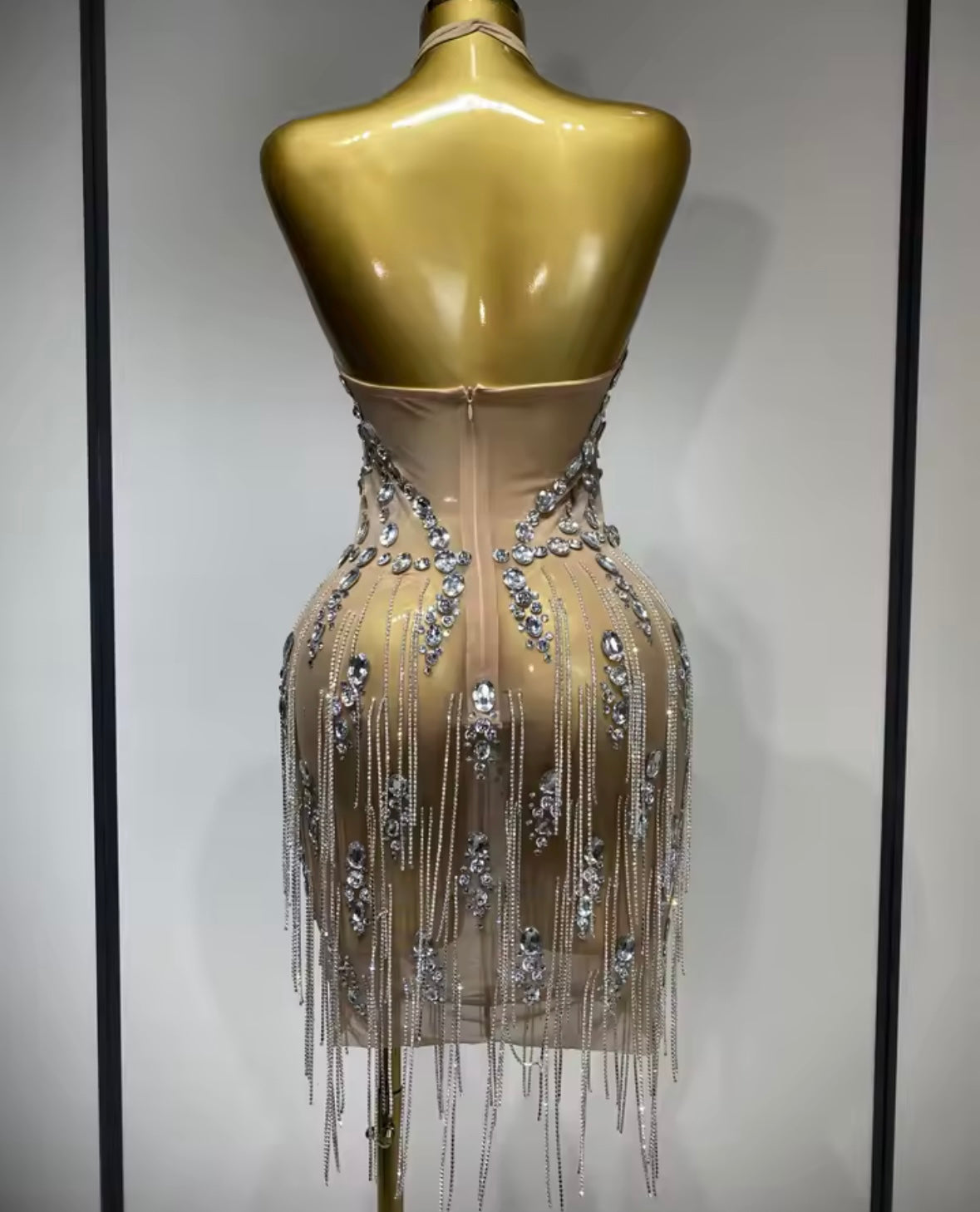 Sexy Halter Sleeveless Rhinestone Embellishment Tassel Dress
