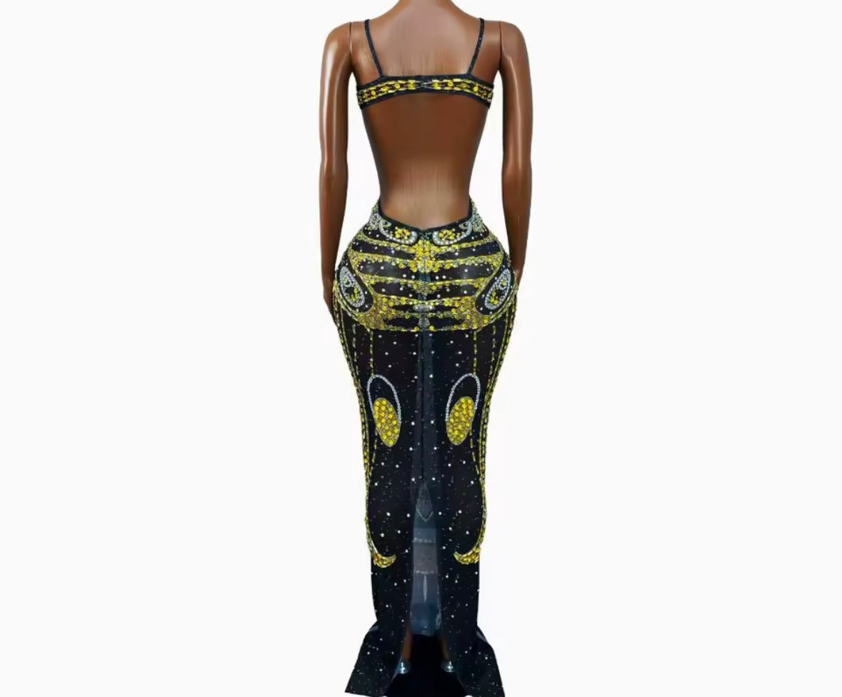 Sexy Sleeveless Open Back Rhinestone Maxi Dress