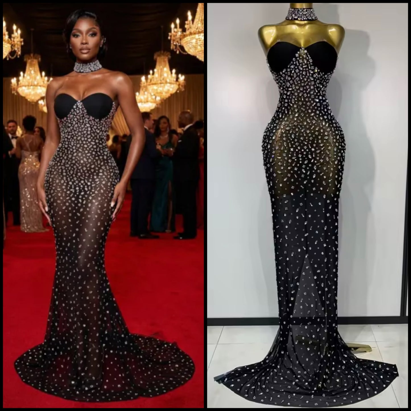 Sexy Black Strapless Choker Rhinestone Floor-Length Dress
