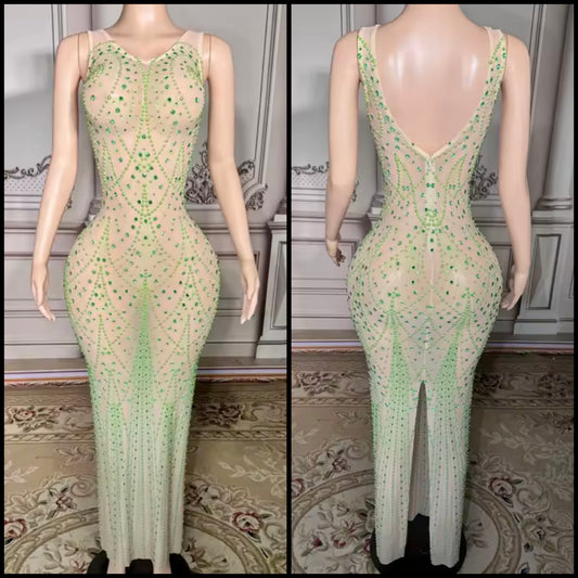 Sleeveless See Through Green Rhinestone Pearl  Maxi Dress