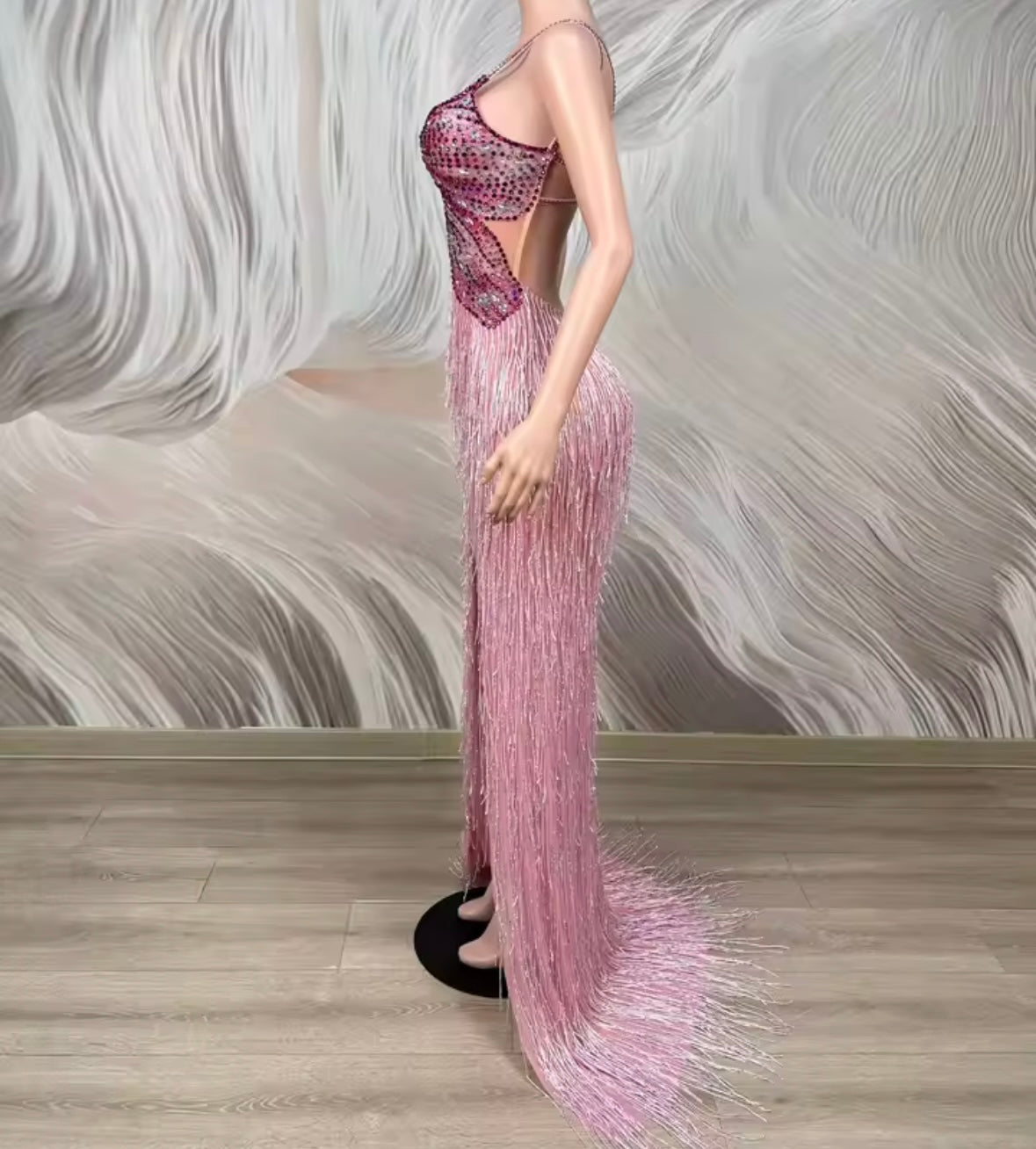 Pink Sleeveless Rhinestone Sexy Fringe Front Split Maxi Dress