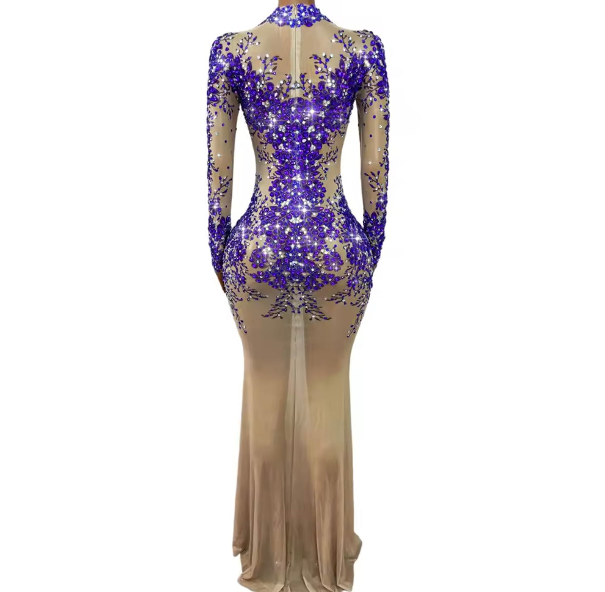 Sexy Purple Rhinestone Full Sleeve See Through Maxi Dress