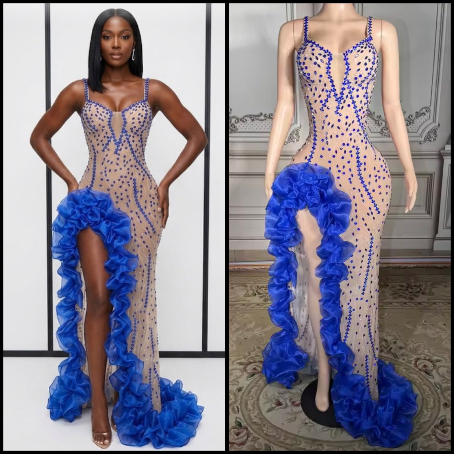 Sexy Sleeveless Blue Ruffle Rhinestone Side Split Maxi Dress