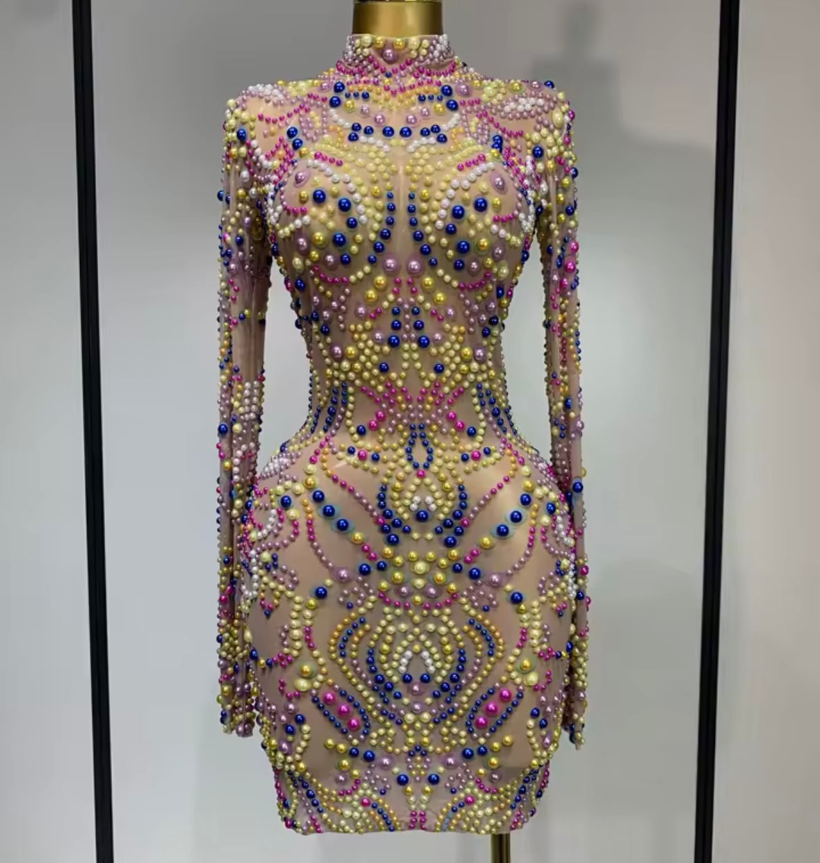 Sexy Multicolored Beaded Full Sleeve Dress
