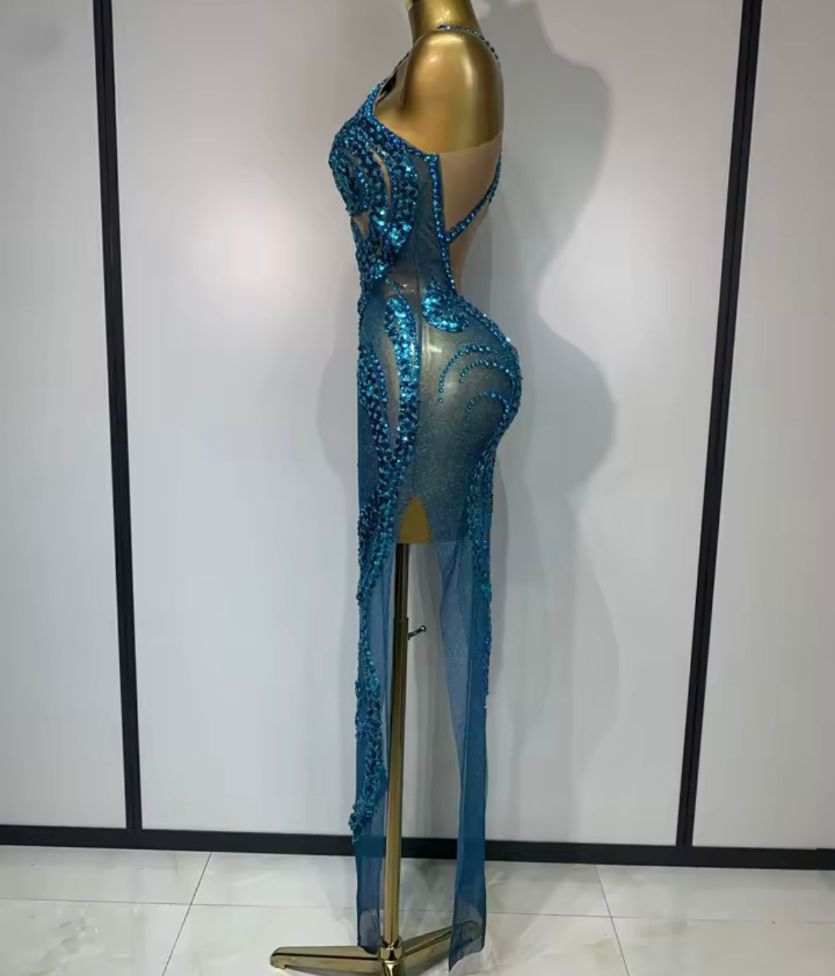 Sleeveless Blue Rhinestone Sequins Mesh Maxi Dress
