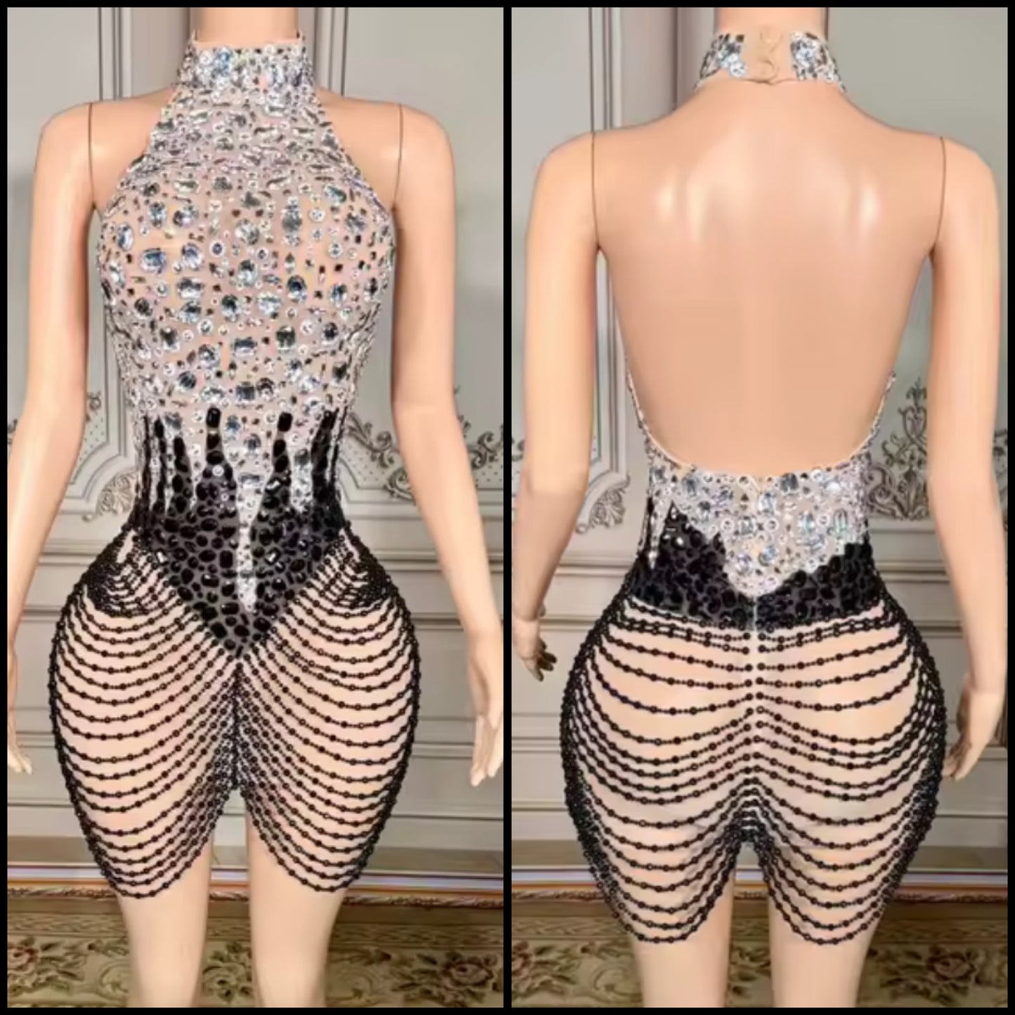 Sexy Halter Open Back Sleeveless Rhinestone Dress
