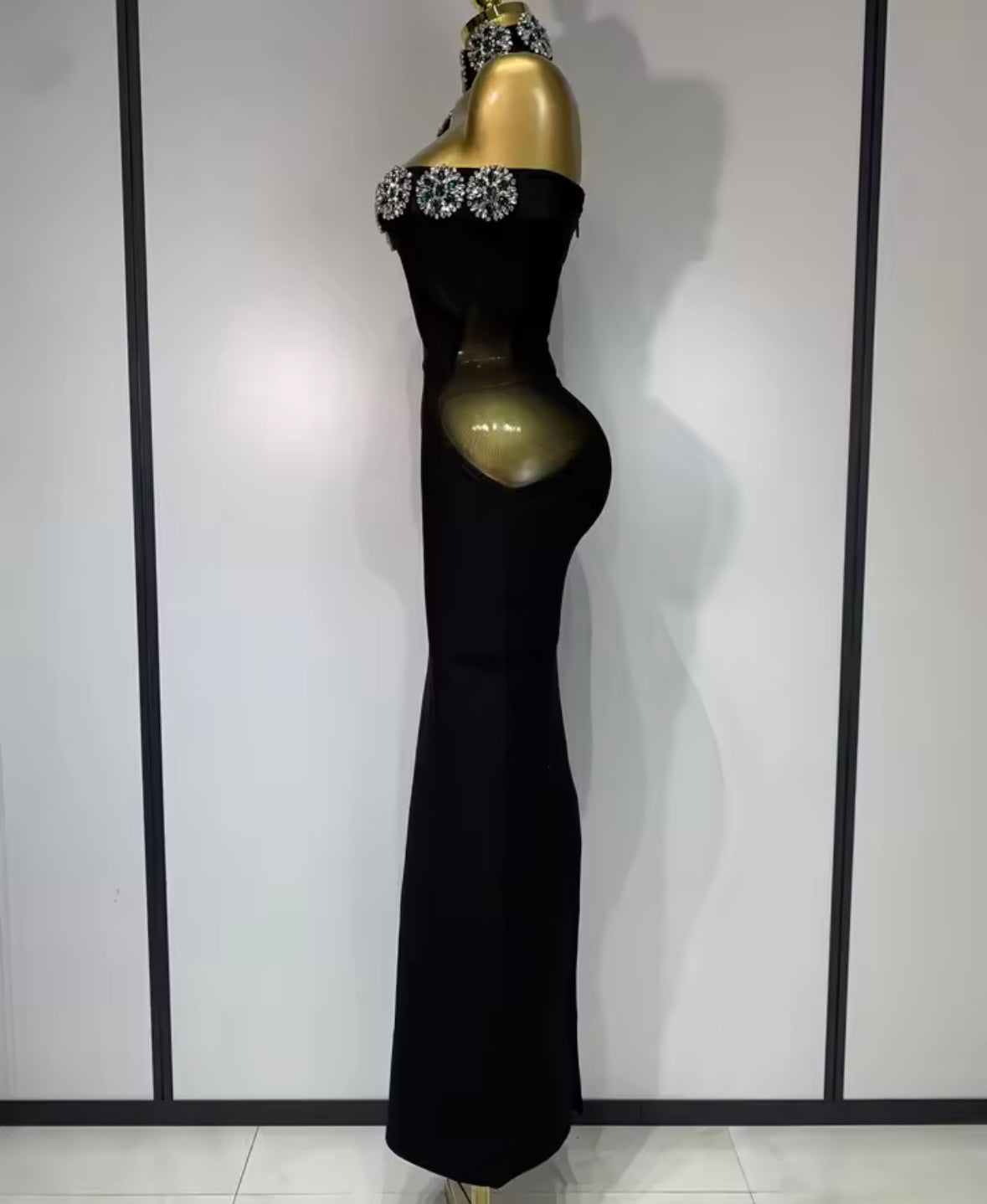 Elegant Black Crystal Rhinestone Choker Strapless Maxi Dress