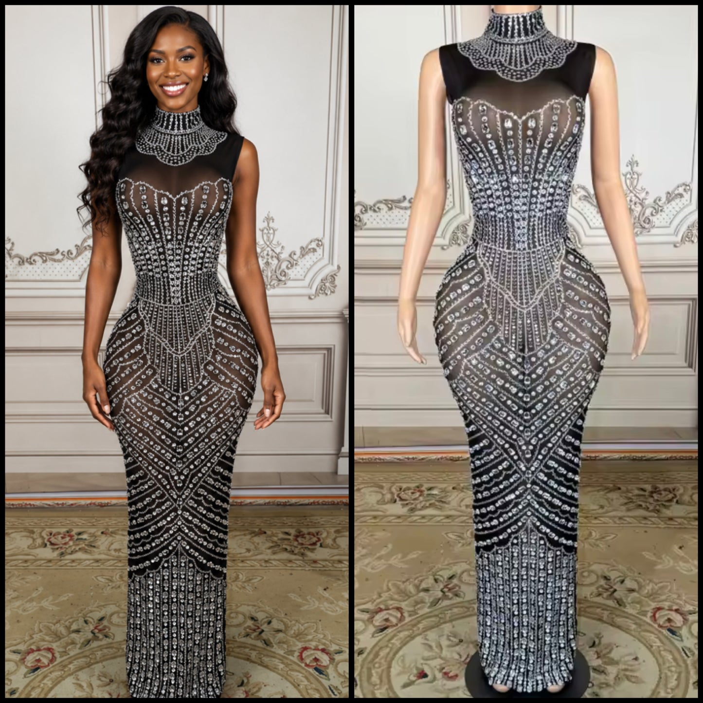 Sexy Sleeveless Black Rhinestone Embellishment Maxi Dress