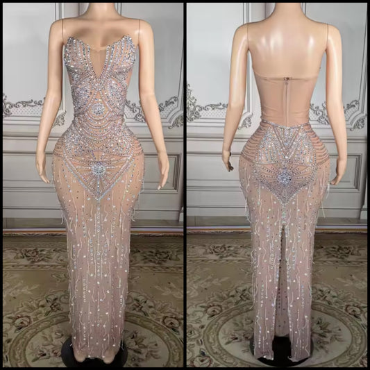 Sexy Strapless Rhinestone Embellishment Maxi Dress