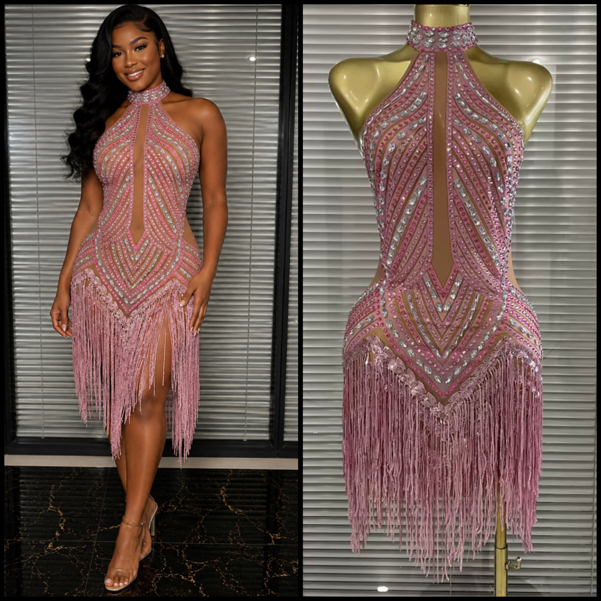 Pink Halter Sleeveless Rhinestone Fringe Tassel Sexy Dress