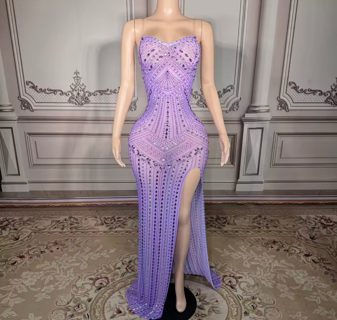 Sexy Sleeveless Rhinestone Purple Side Split Maxi Dress