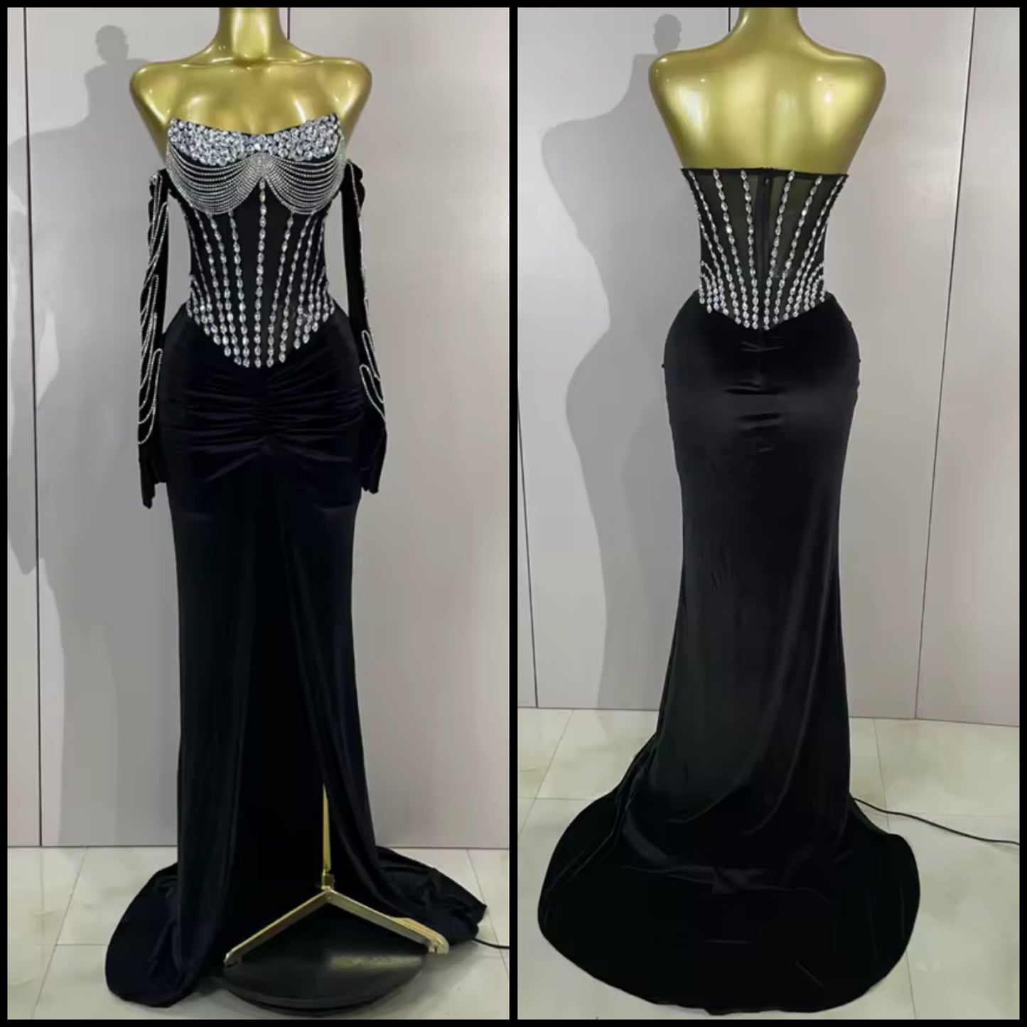 Elegant Rhinestone Strapless Black Front Split Maxi Dress