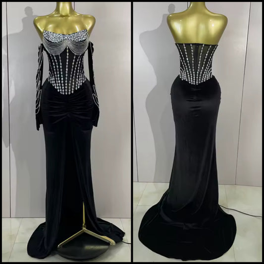 Elegant Rhinestone Strapless Black Front Split Maxi Dress