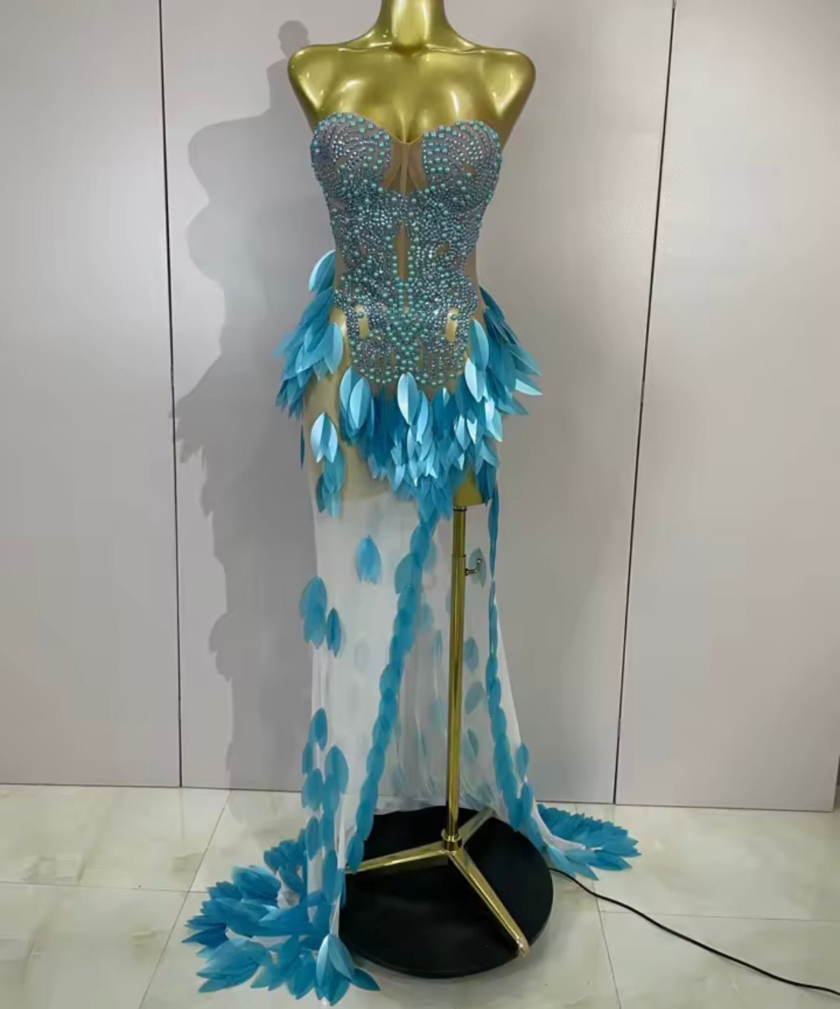Sexy Sequins Pearl Rhinestone Strapless Side Split Maxi Dress