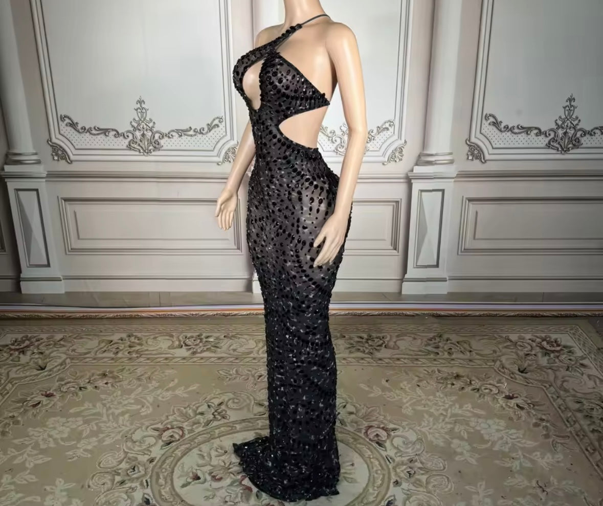 Sexy Black Sleeveless Open Back Crystal Floor-Length Dress