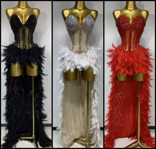 Sexy Crystal Sleeveless Feather Asymmetrical Dress