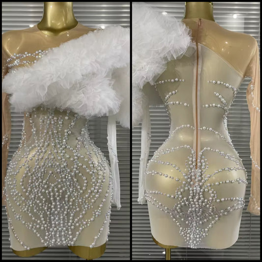 Sexy Beaded Ruffle Full Sleeve See Through Dress
