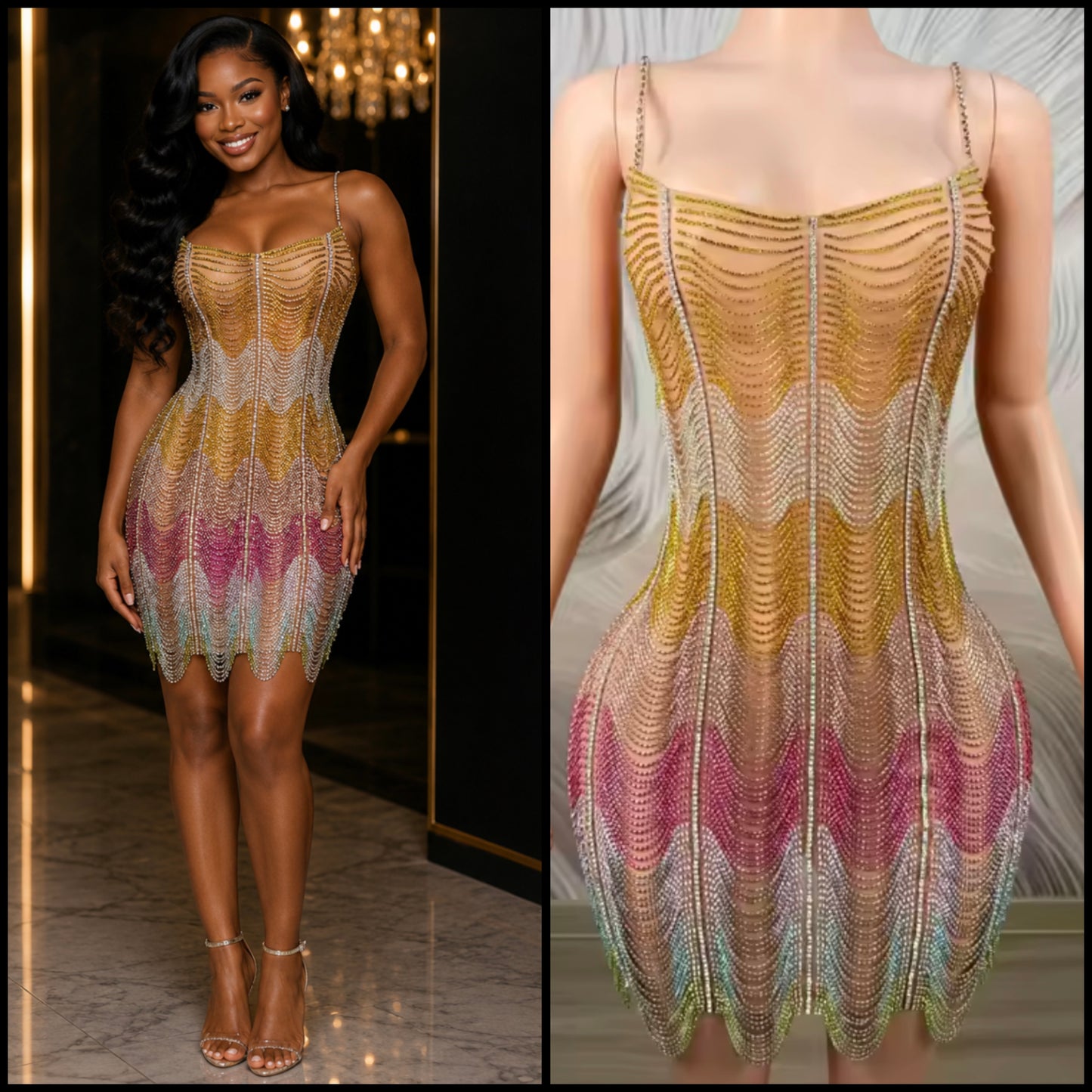 Sexy Sleeveless Multicolored Rhinestone Chain Dress