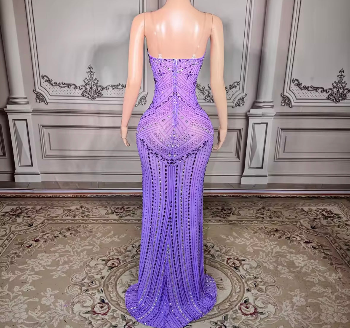 Sexy Sleeveless Rhinestone Purple Side Split Maxi Dress
