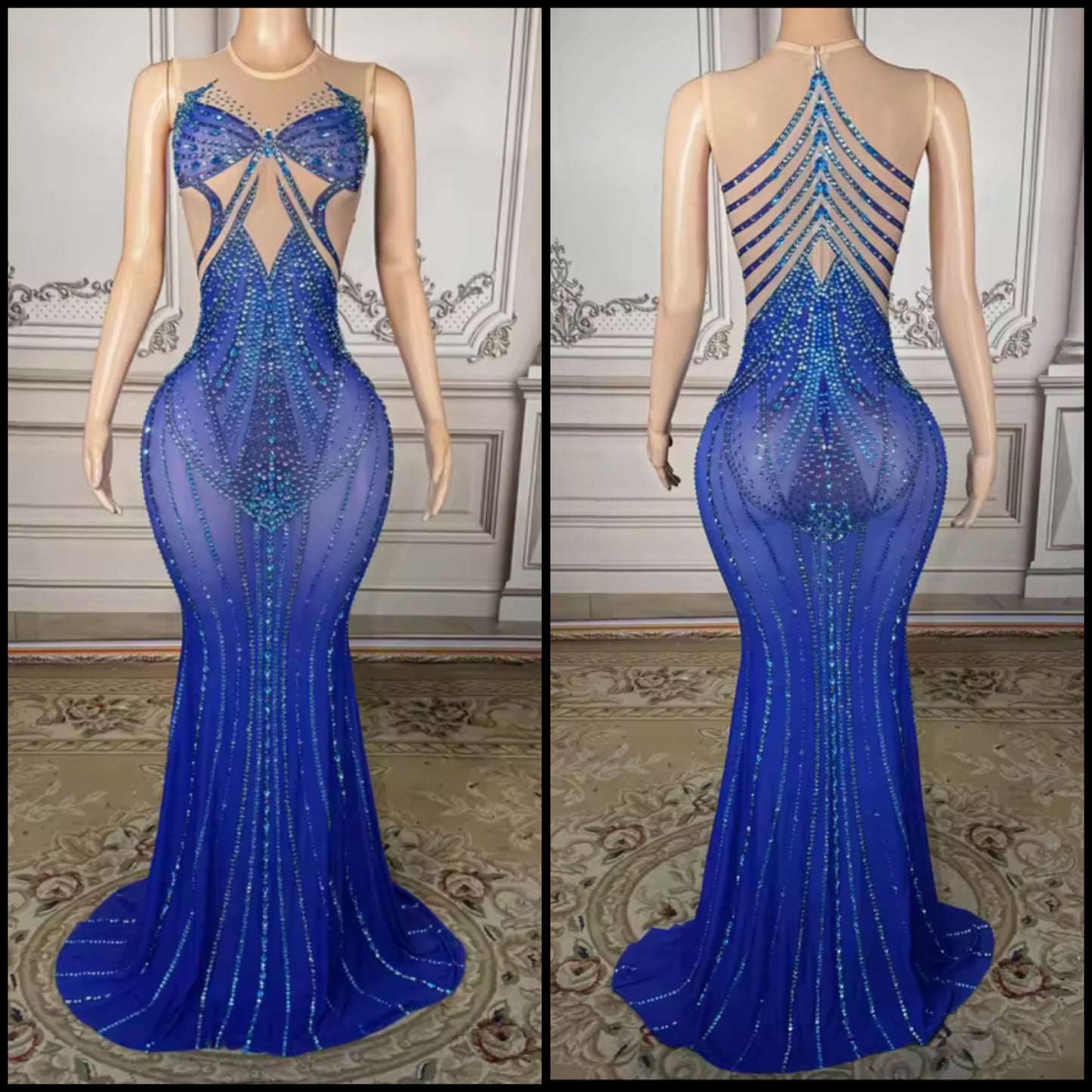 Blue Rhinestone Embellishment Sleeveless Floor-Length Dress