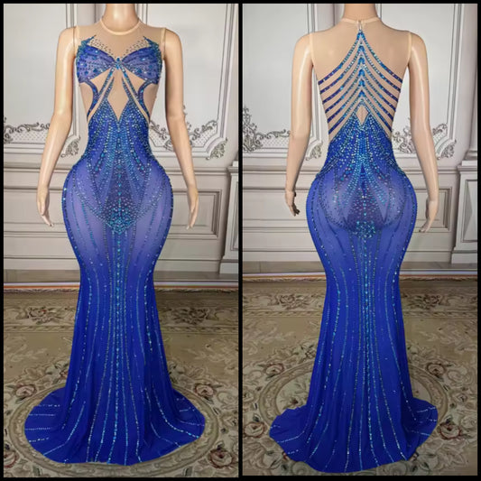 Blue Rhinestone Embellishment Sleeveless Floor-Length Dress