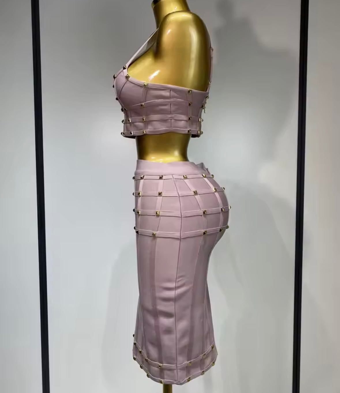 Pink Sleeveless Rivet Sexy Bandage Skirt Set