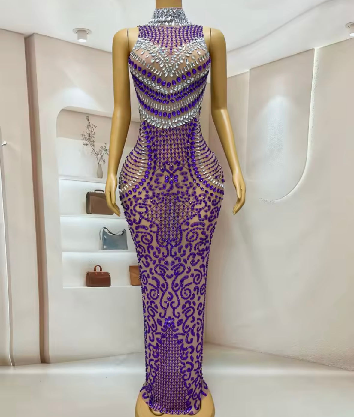 Elegant Sleeveless Purple Rhinestone Maxi Dress