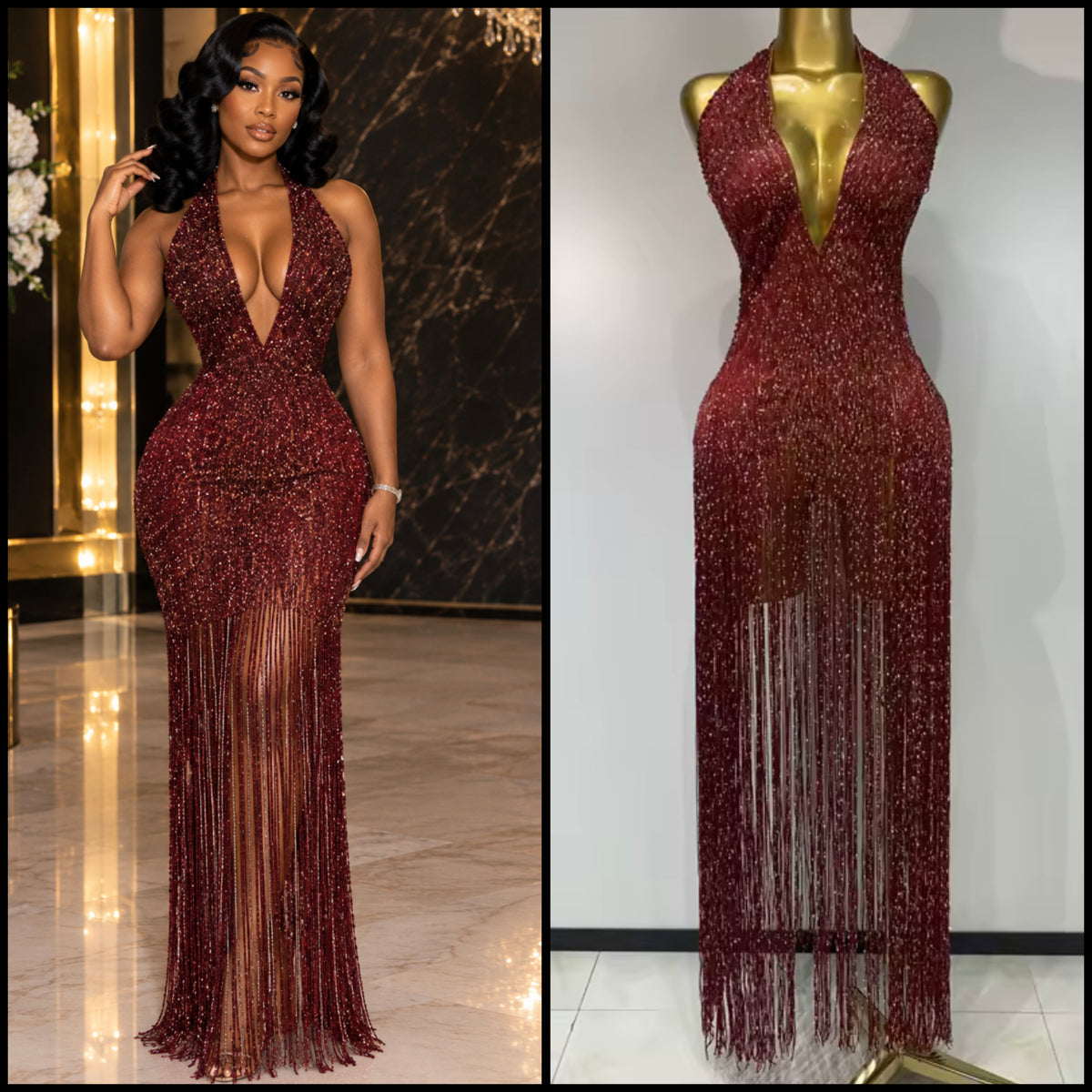 Burgundy Sexy Halter Sleeveless Fringe Tassel Maxi Dress