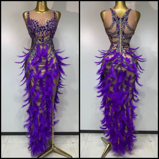 Sexy Sleeveless Rhinestone Feather Purple Floor-Length Dress