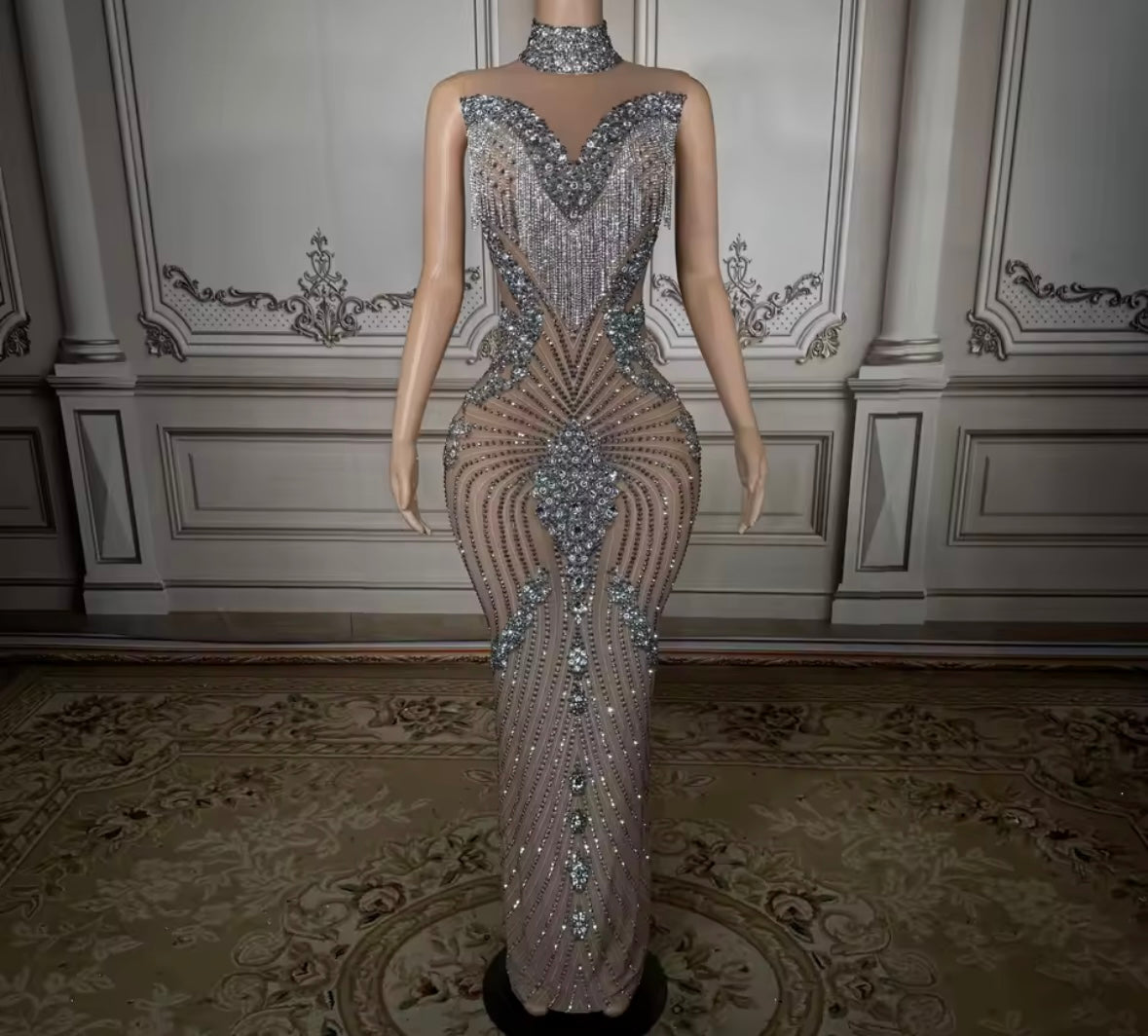 Sexy Sleeveless Rhinestone Tassel See Through Maxi Dress
