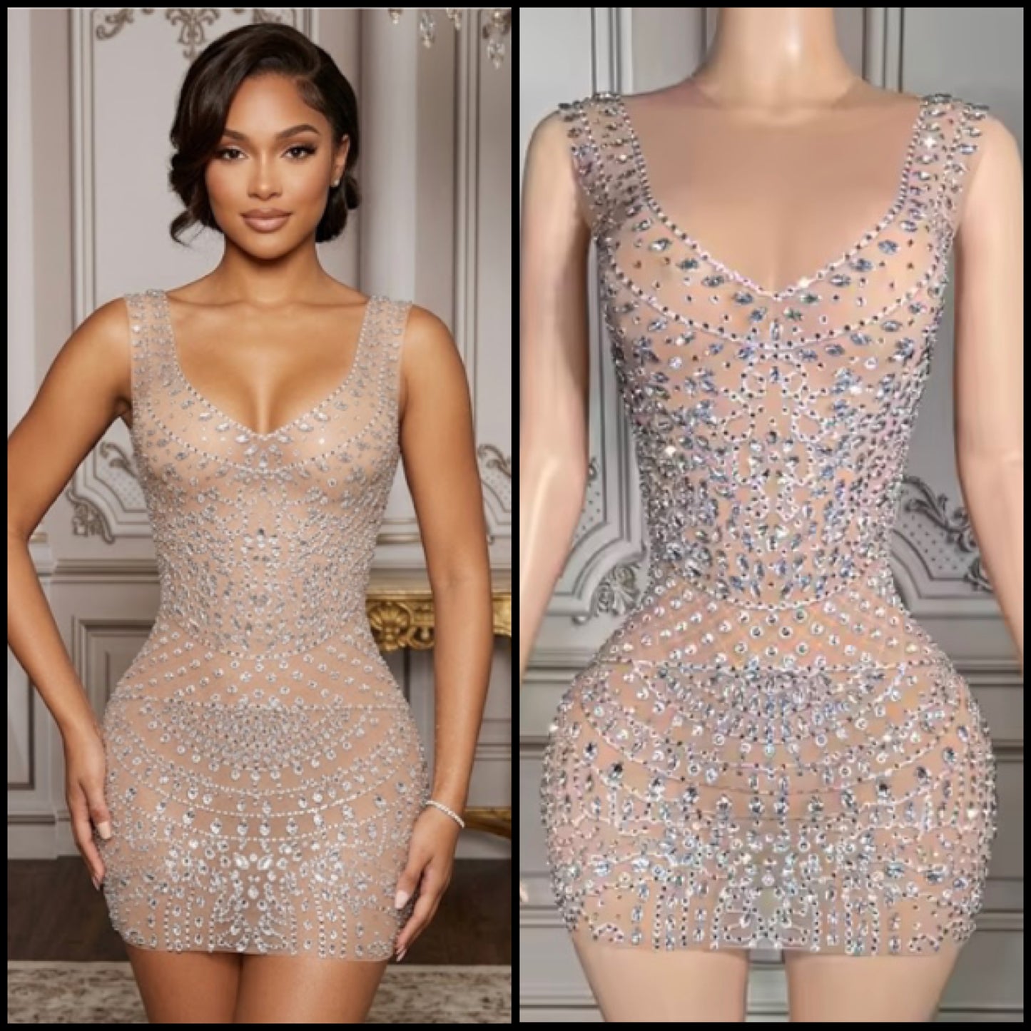Sexy Sleeveless See Through Rhinestone Embellishment Dress