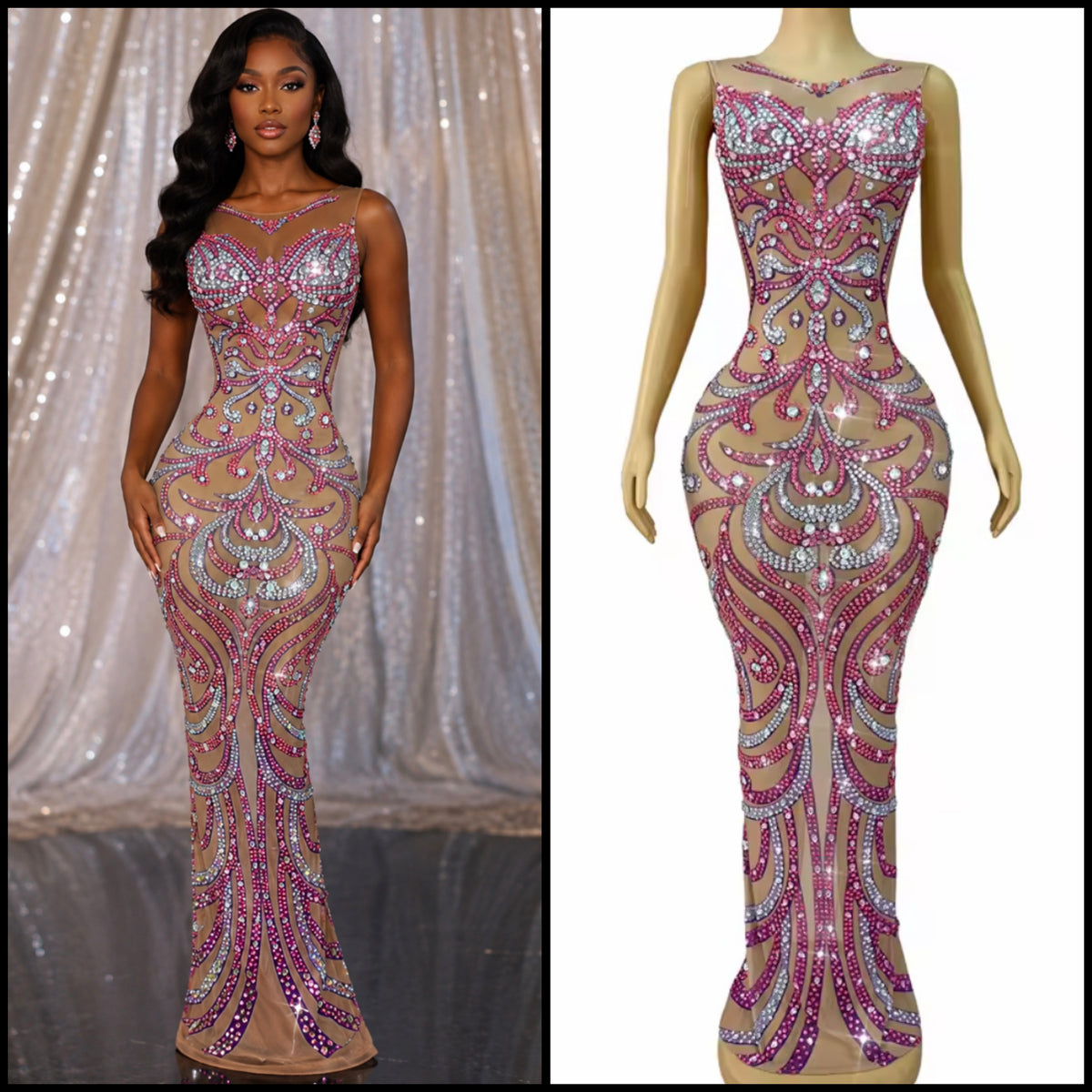 Sexy Sleeveless Color Rhinestone Embellishment Maxi Dress